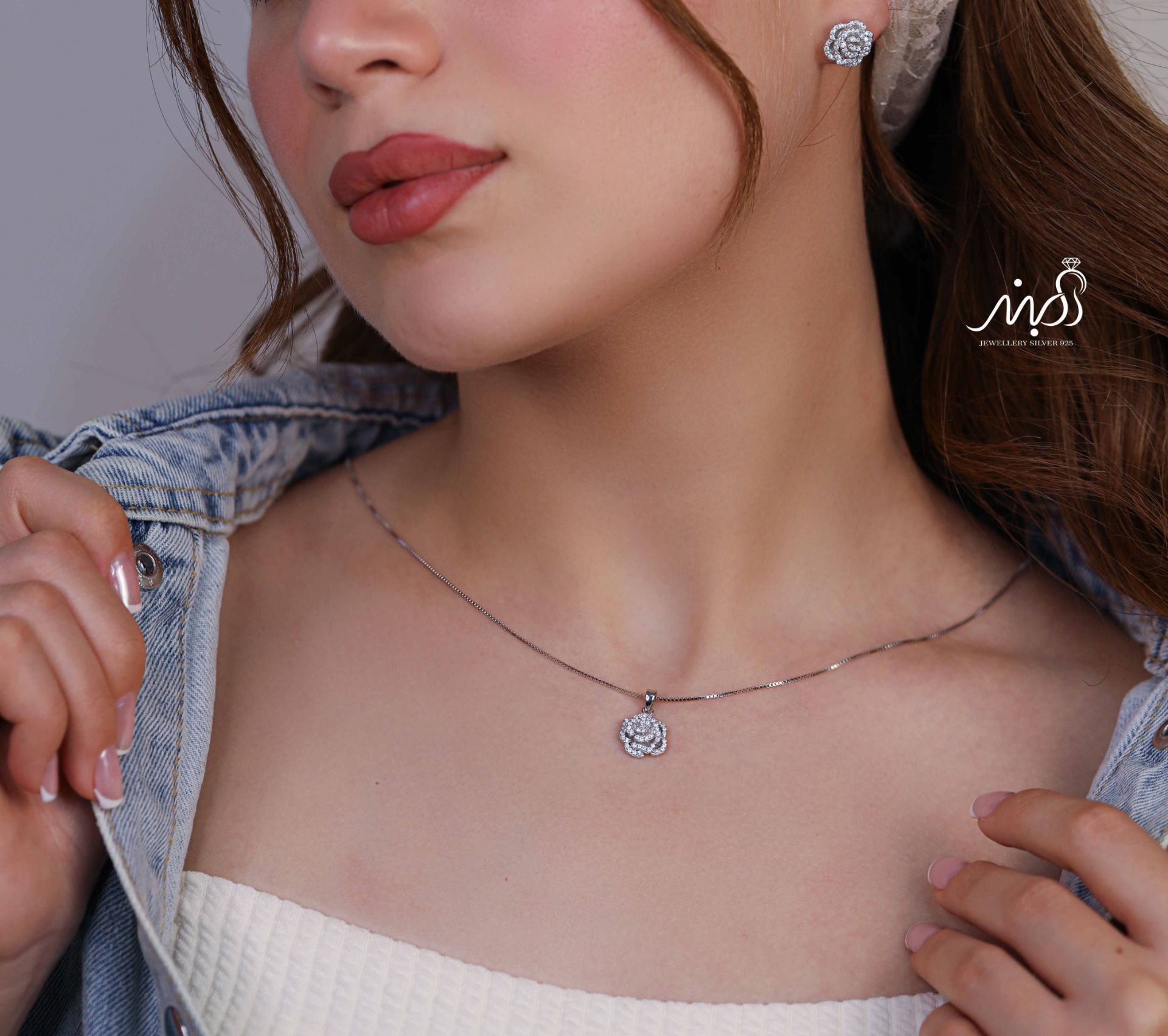 💍نیم ست جواهری گل (آويز و گوشواره) خاص و زیبا ، نقره عیار ۹۲۵( N_4355)	