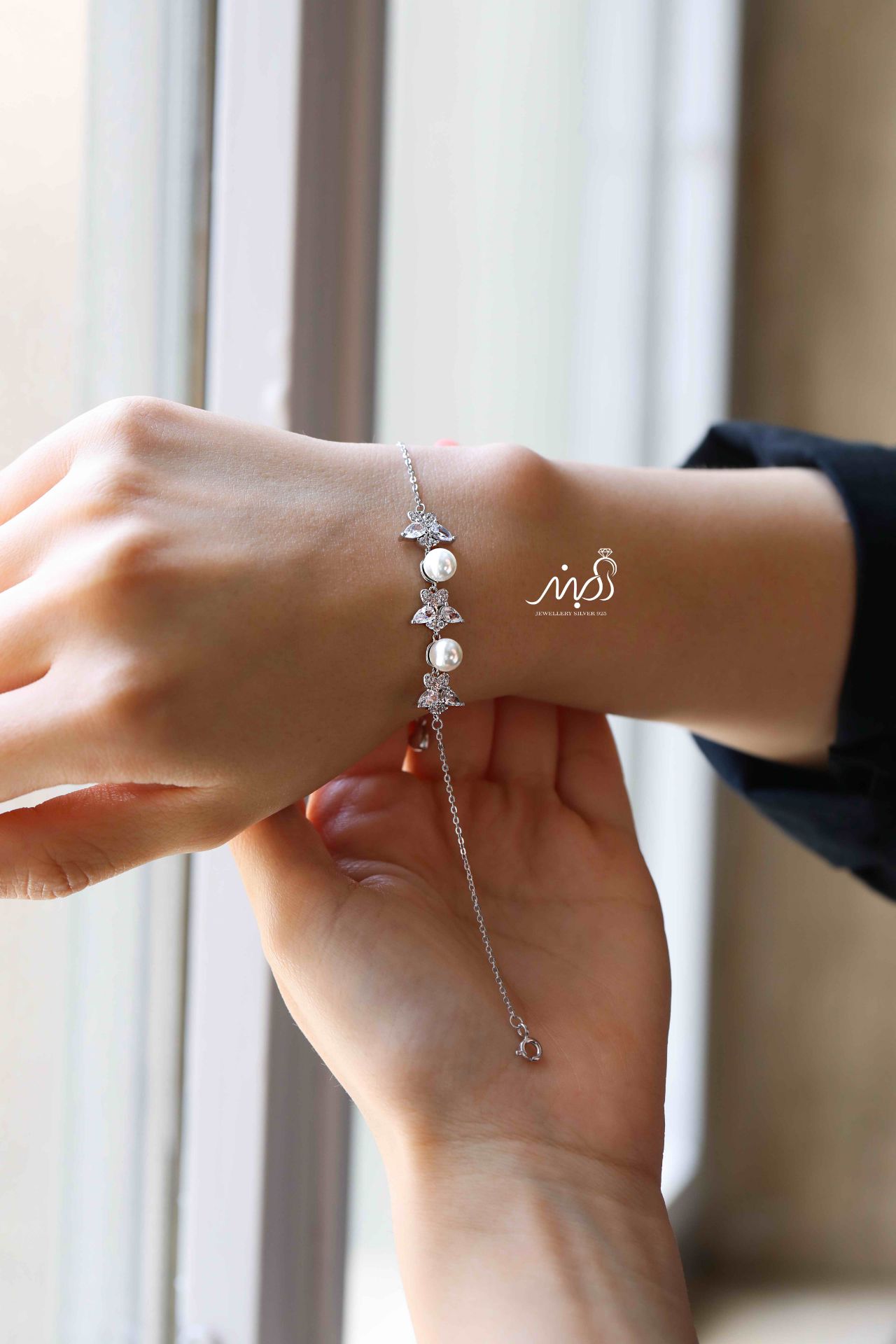 💍دستبند جواهري مروارید دار خاص و زیبا ، نقره عیار 925 (D_7192)	