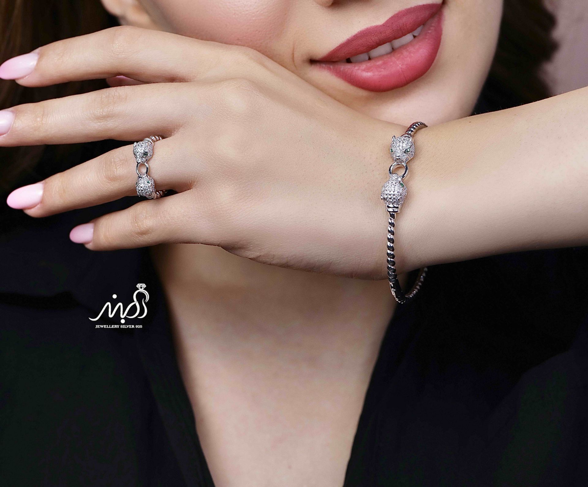 💍دستبند و انگشتر جواهري ببر خاص و زیبا ، نقره عیار 925 (D_7203)	