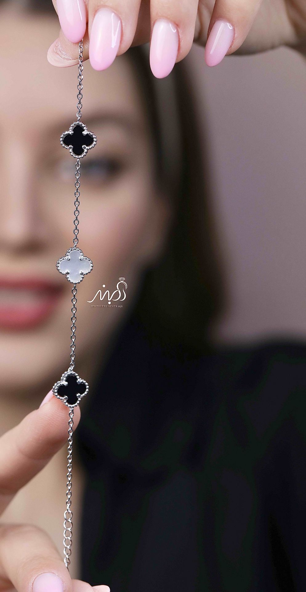 💍دستبند جواهري ونکلیف صدفی و مشکی خاص و زیبا ، نقره عیار 925 (D_7204)	