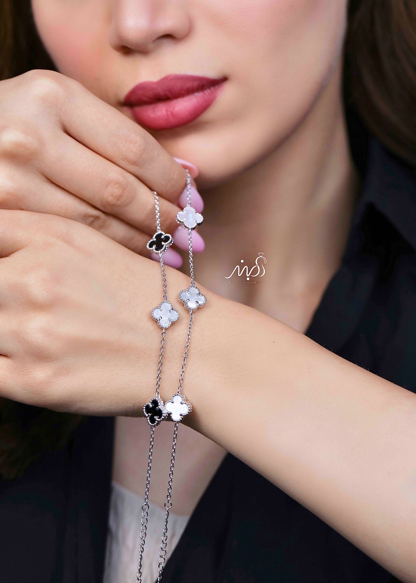 💍دستبند جواهري ونکلیف صدفی و مشکی خاص و زیبا ، نقره عیار 925 (D_7204)	