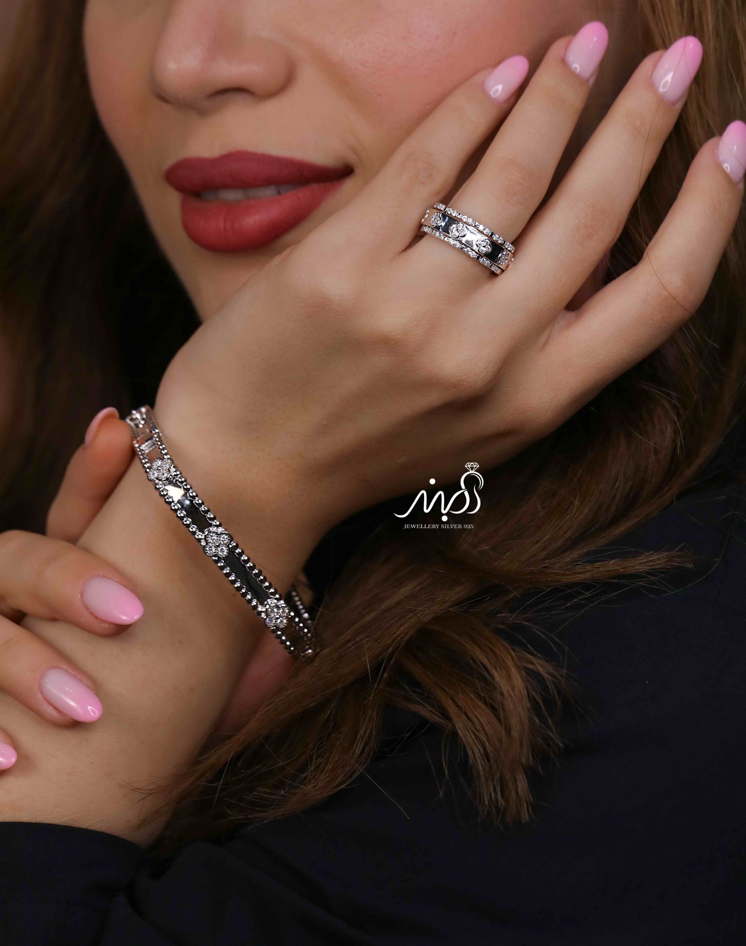 💍دستبند جواهري ونکلیف النگویی لاکچری خاص و زیبا ، نقره عیار 925 (D_7208)	