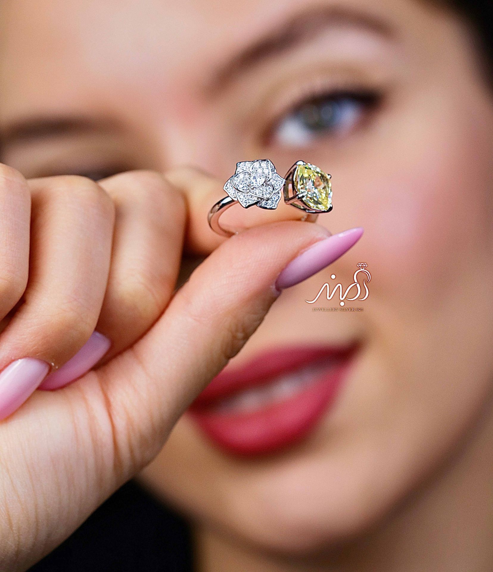 💍انگشتر جواهري گل و نگین سیترين خاص و زیبا؛ نقره عیار ۹۲۵(R_1236)	