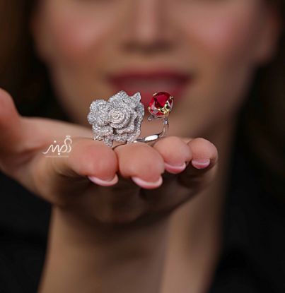 💍انگشتر جواهري لاکچری  گل و نگین یاقوتی با پروانه طلایی خاص و زیبا؛ نقره عیار ۹۲۵(R_1238)	