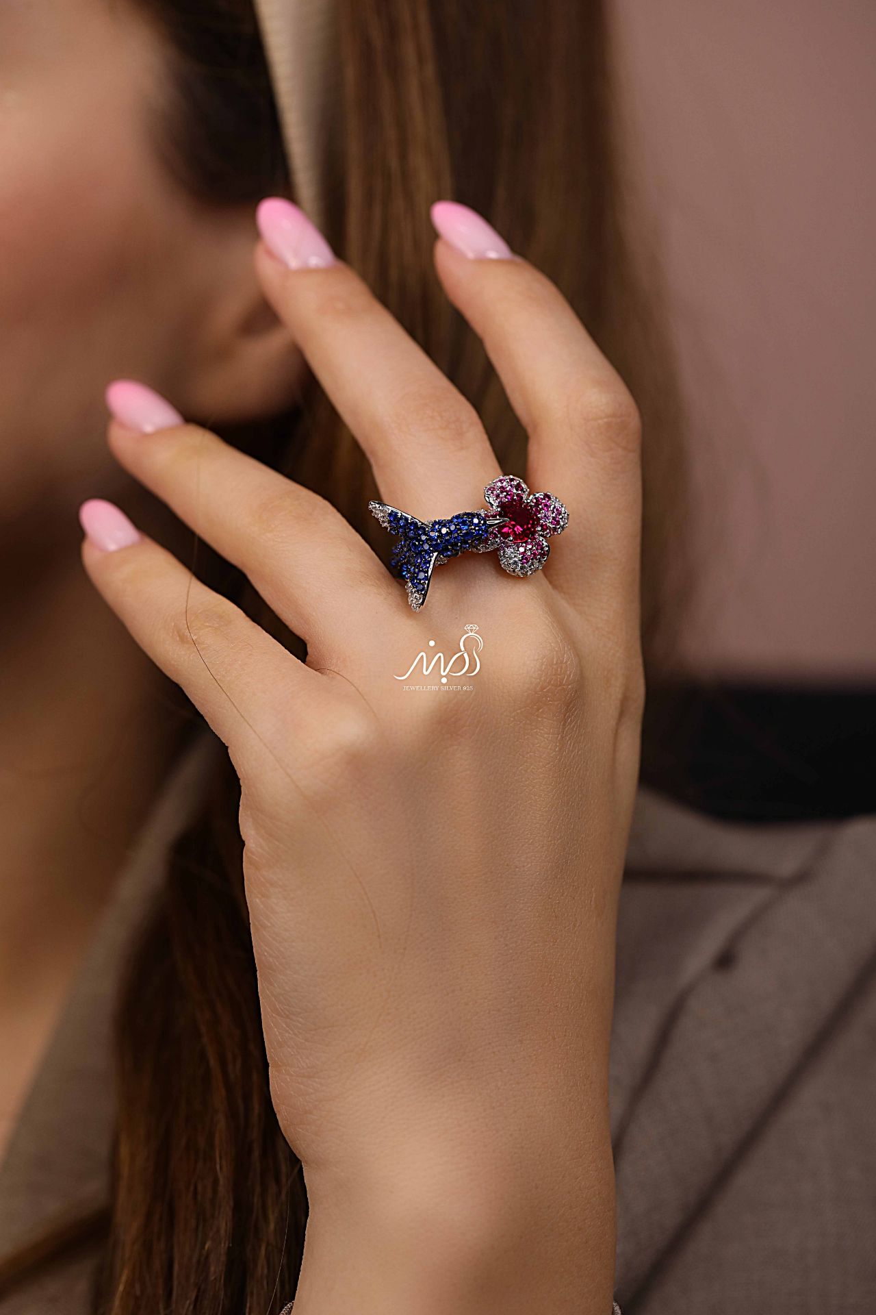 💍انگشتر جواهري گل و پرنده خاص و زیبا؛ نقره عیار 925(R_1265)	