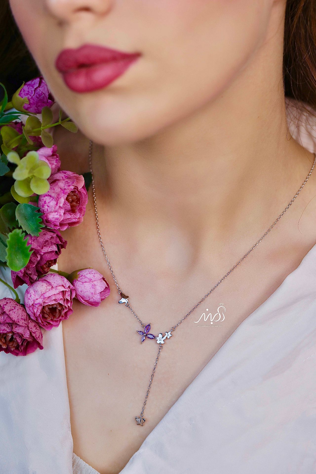 💍گردنبند جواهری گل و پروانه با نگین بنفش ، خاص و زیبا ، نقره عیار ۹۲۵ (G_3266)‌‌‌‌‌‌	