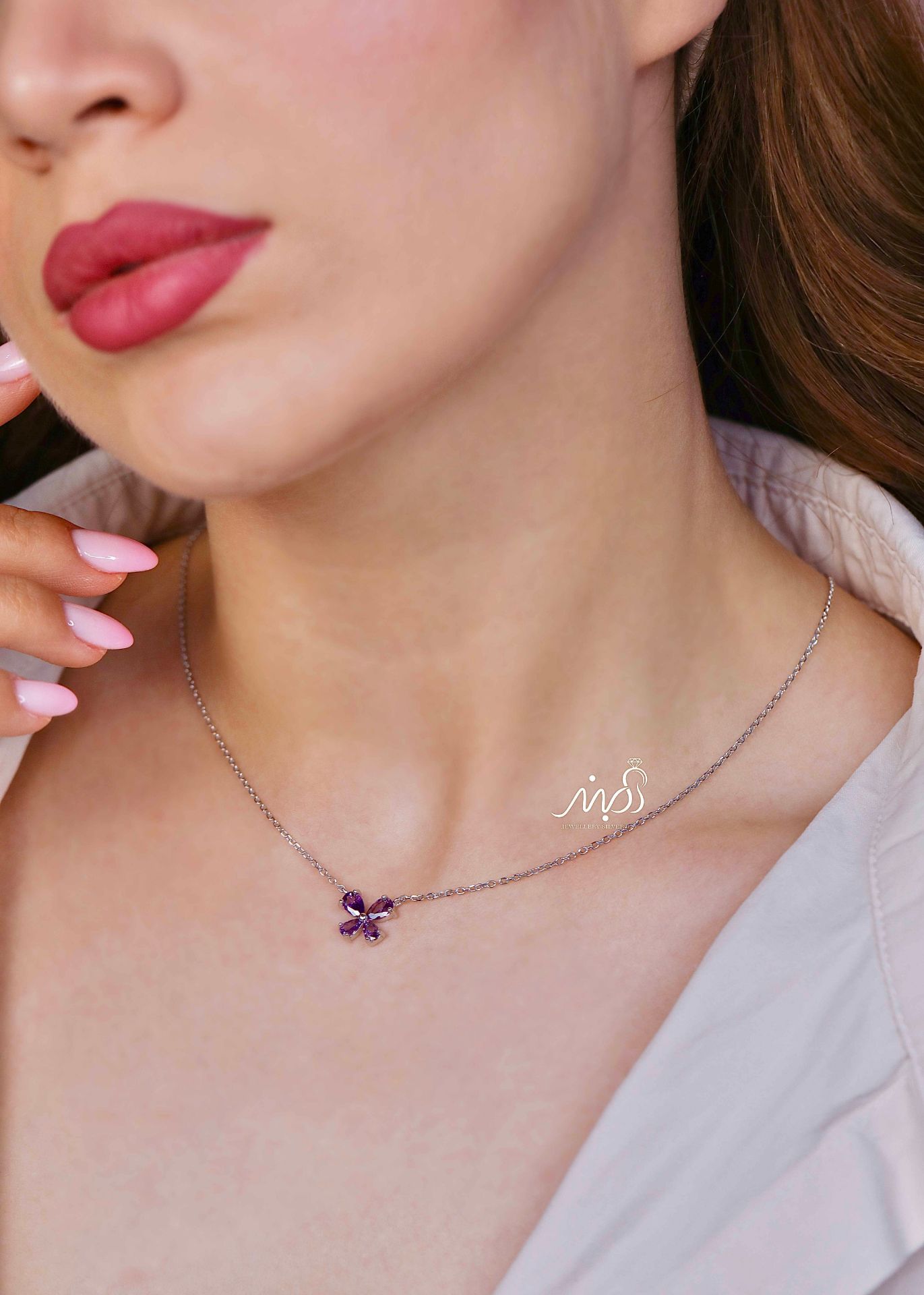 💍گردنبند جواهری گل  با نگین بنفش ، خاص و زیبا ، نقره عیار ۹۲۵ (G_3267)‌‌‌‌‌‌	