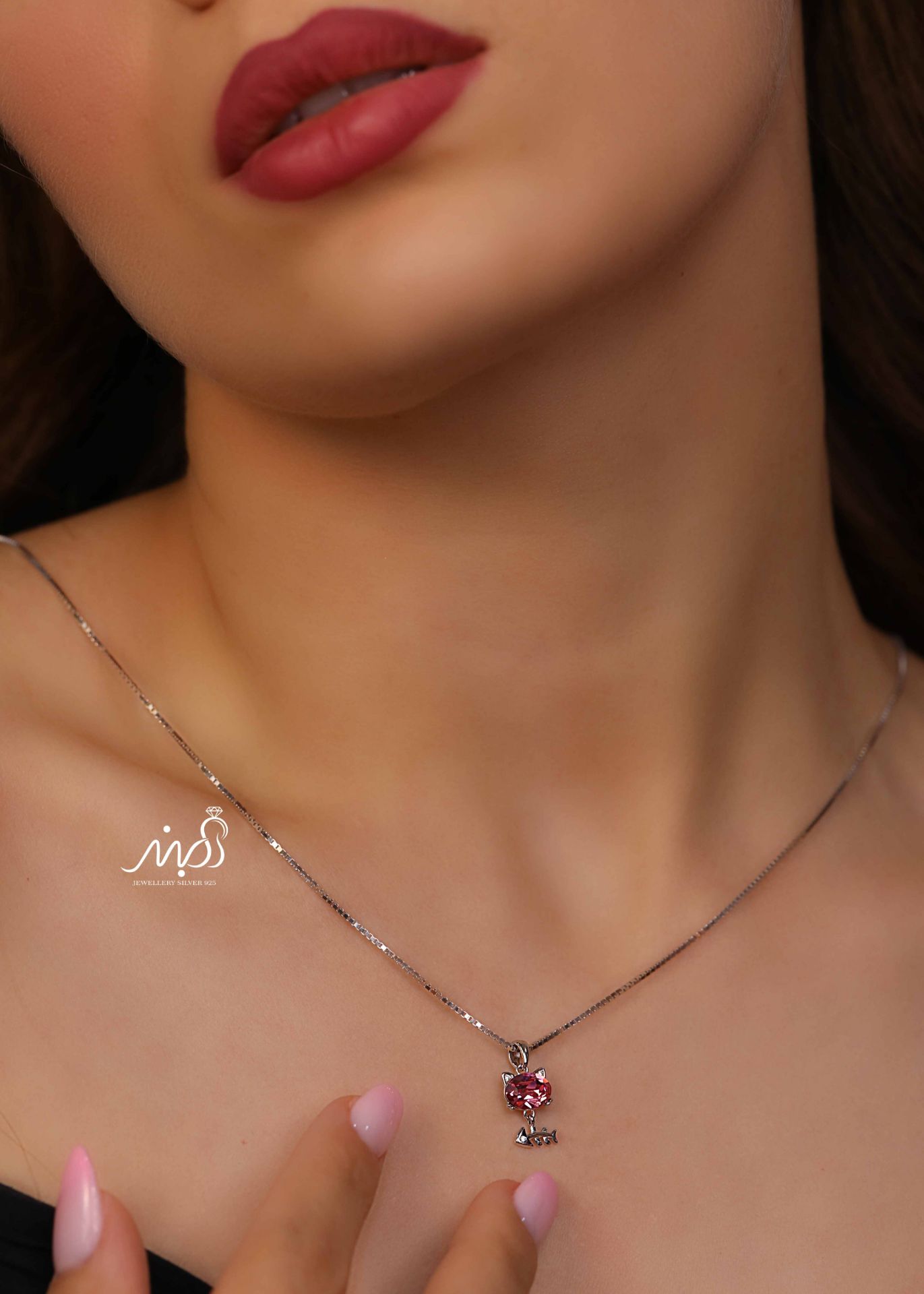 💍گردنبند جواهری گربه با نگین صورتی ، خاص و زیبا ، نقره عیار ۹۲۵ (G_3270)‌‌‌‌‌‌	
