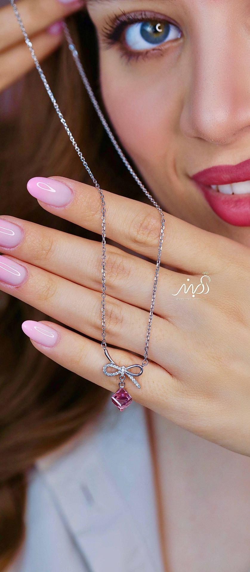 💍گردنبند جواهری پاپیونی آویز دار با نگین سوارسکی صورتی ، خاص و زیبا ، نقره عیار ۹۲۵ (G_3272)‌‌‌‌‌‌	