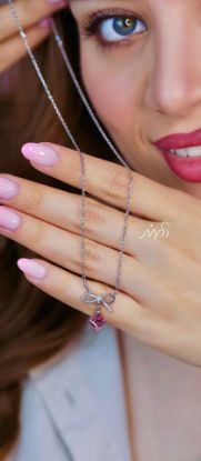 💍گردنبند جواهری پاپیونی آویز دار با نگین سوارسکی صورتی ، خاص و زیبا ، نقره عیار ۹۲۵ (G_3272)‌‌‌‌‌‌	