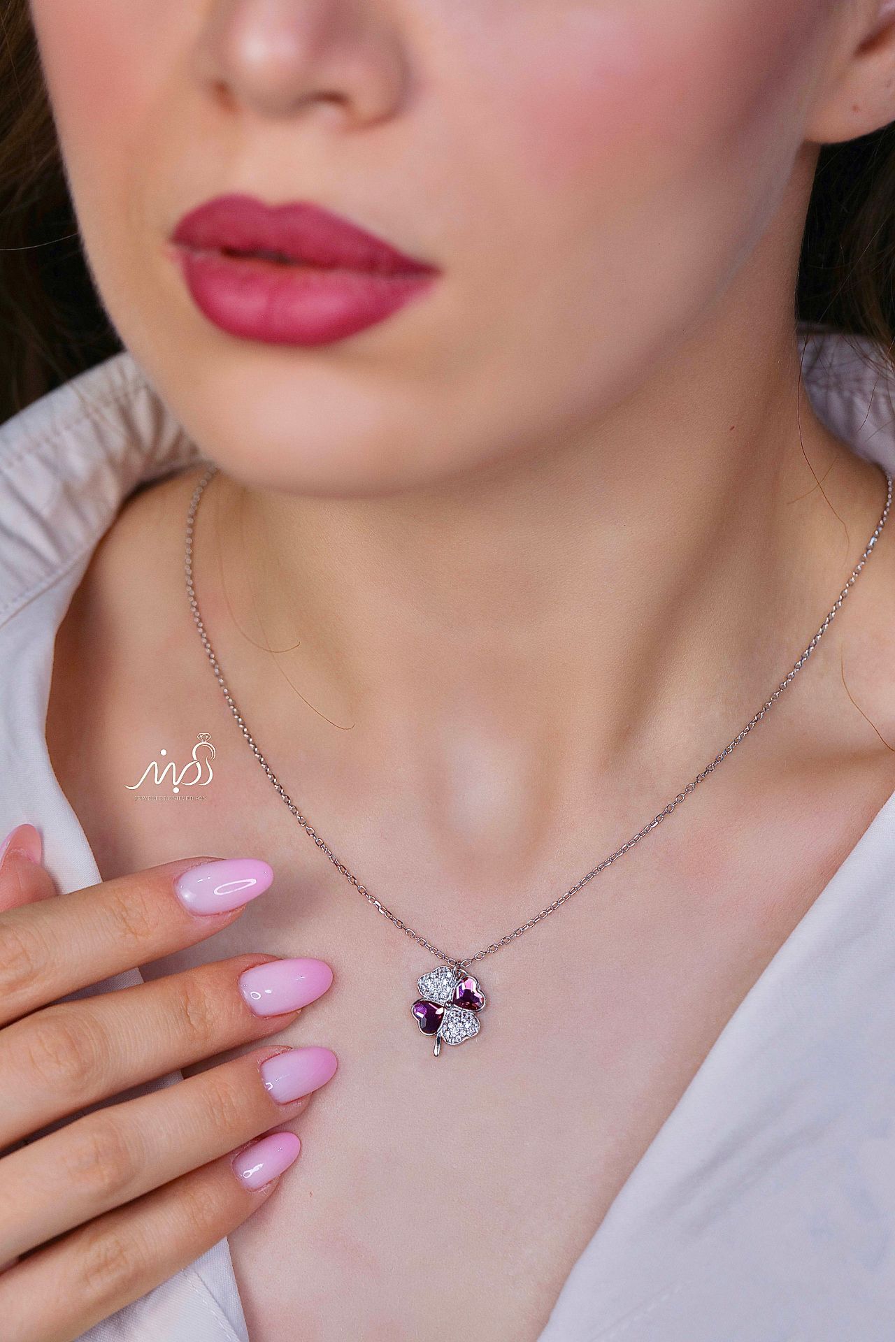 💍گردنبند جواهری گل با نگين صورتي خاص و زیبا ، نقره عیار ۹۲۵ (G_3280)‌‌‌‌‌‌	