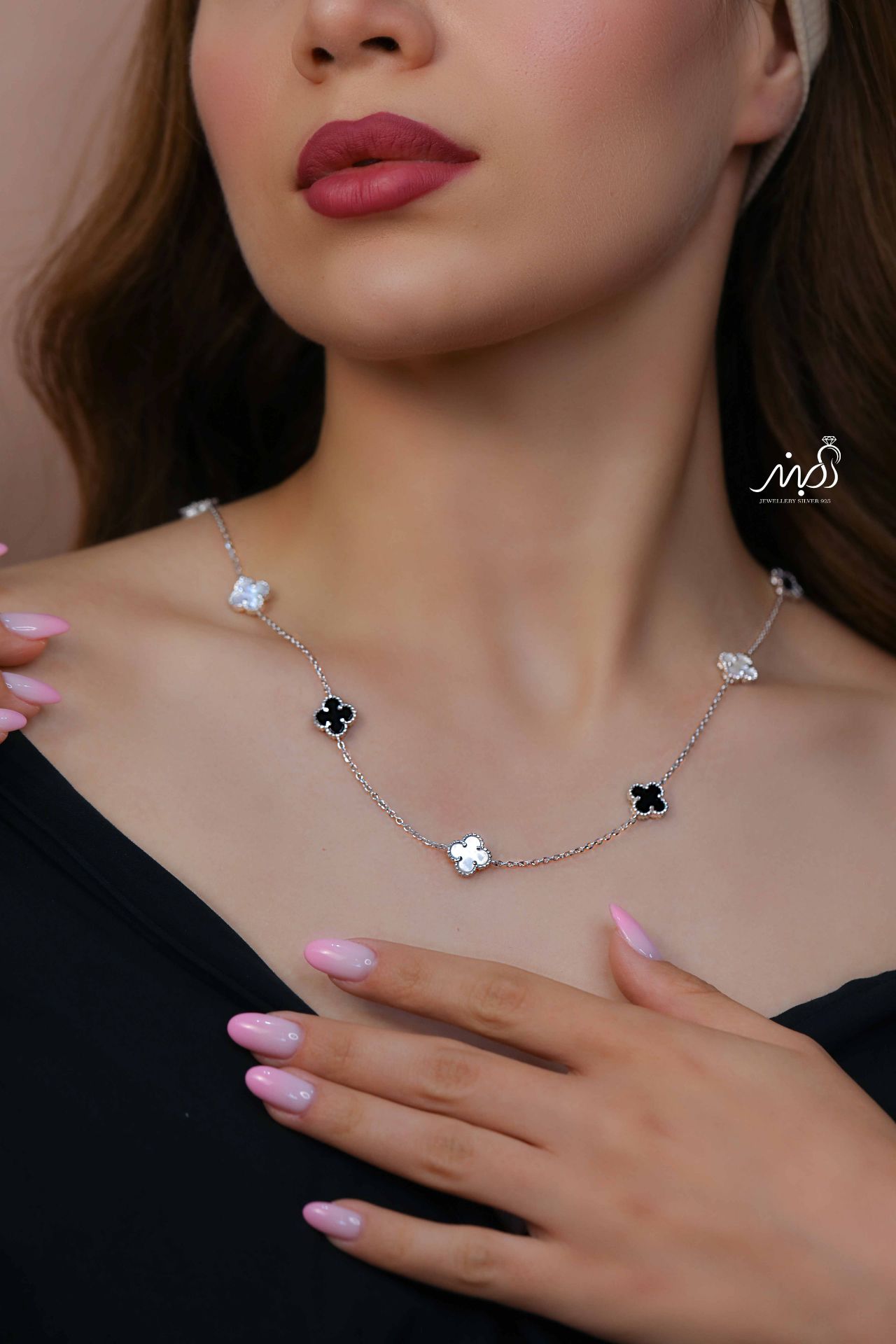 💍گردنبند جواهری ونکلیف سفید و مشکی خاص و زیبا ، نقره عیار ۹۲۵ (G_3284)‌‌‌‌‌‌	