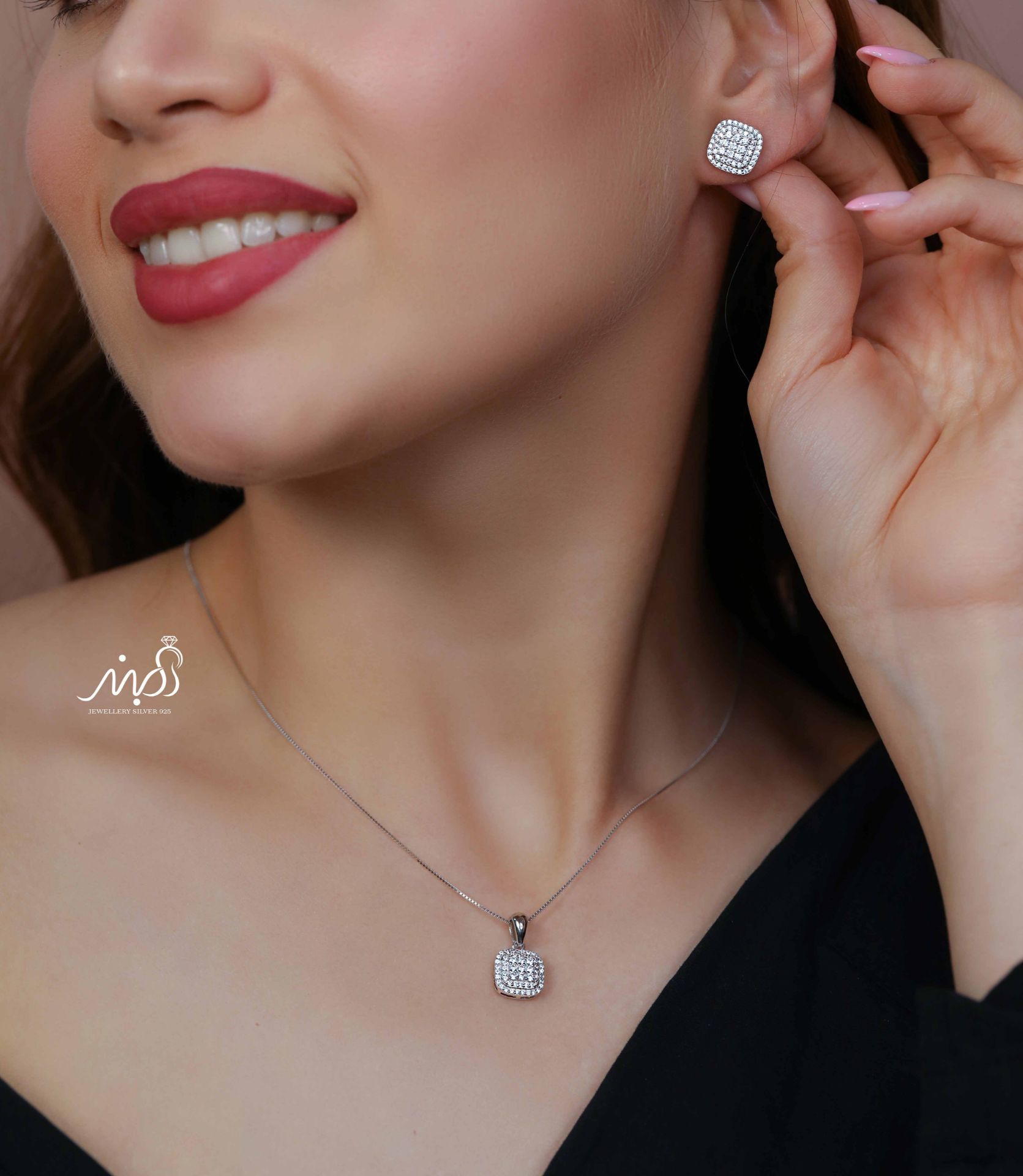 💍نیم ست جواهری مربعی (آويز و گوشواره ) خاص و زیبا ، نقره عیار ۹۲۵( N_4399)	