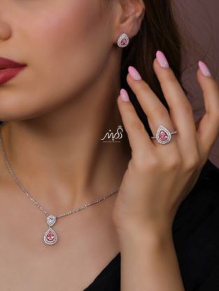 💍نیم ست جواهری اشکی با نگین صورتی خاص و زيبا نقره عیار ۹۲۵ (آويز ،گوشواره و انگشتر )(N_4402)‌‌‌‌‌‌ ‌	