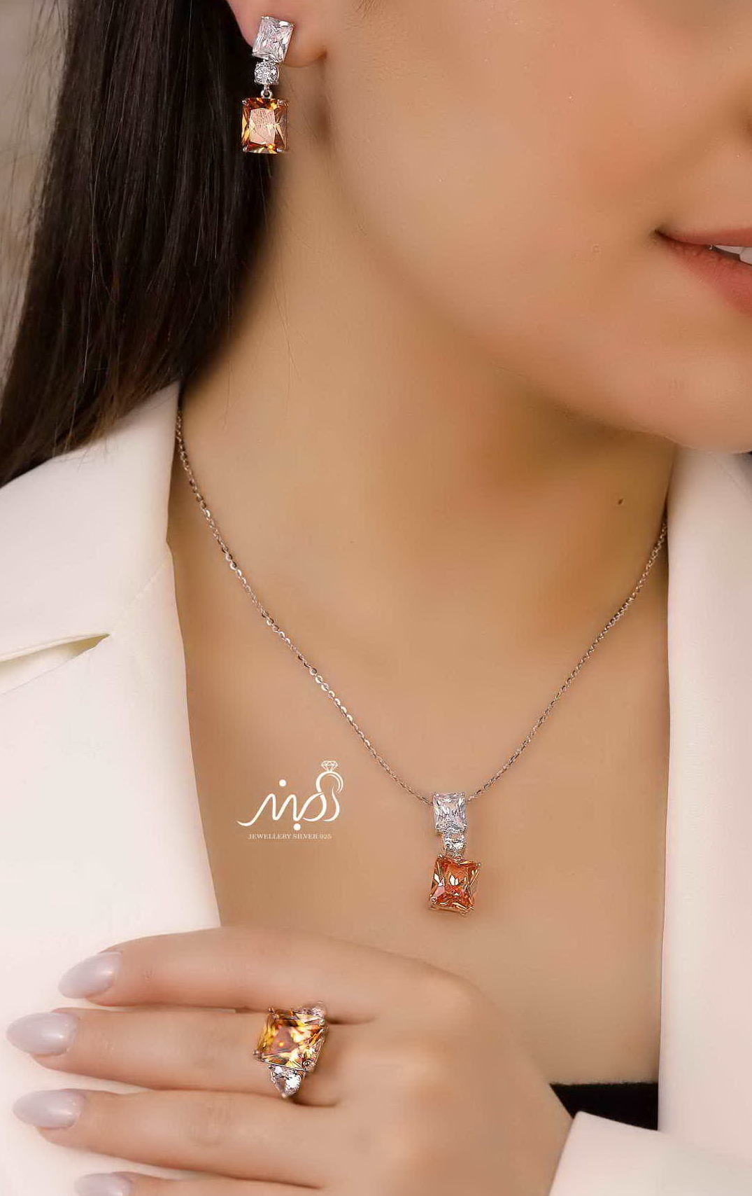 💍نیم ست جواهری لاکچری(آويز ، گوشواره و انگشتر) با نگین سیترین خاص و زیبا ، نقره عیار ۹۲۵(N_4238)
