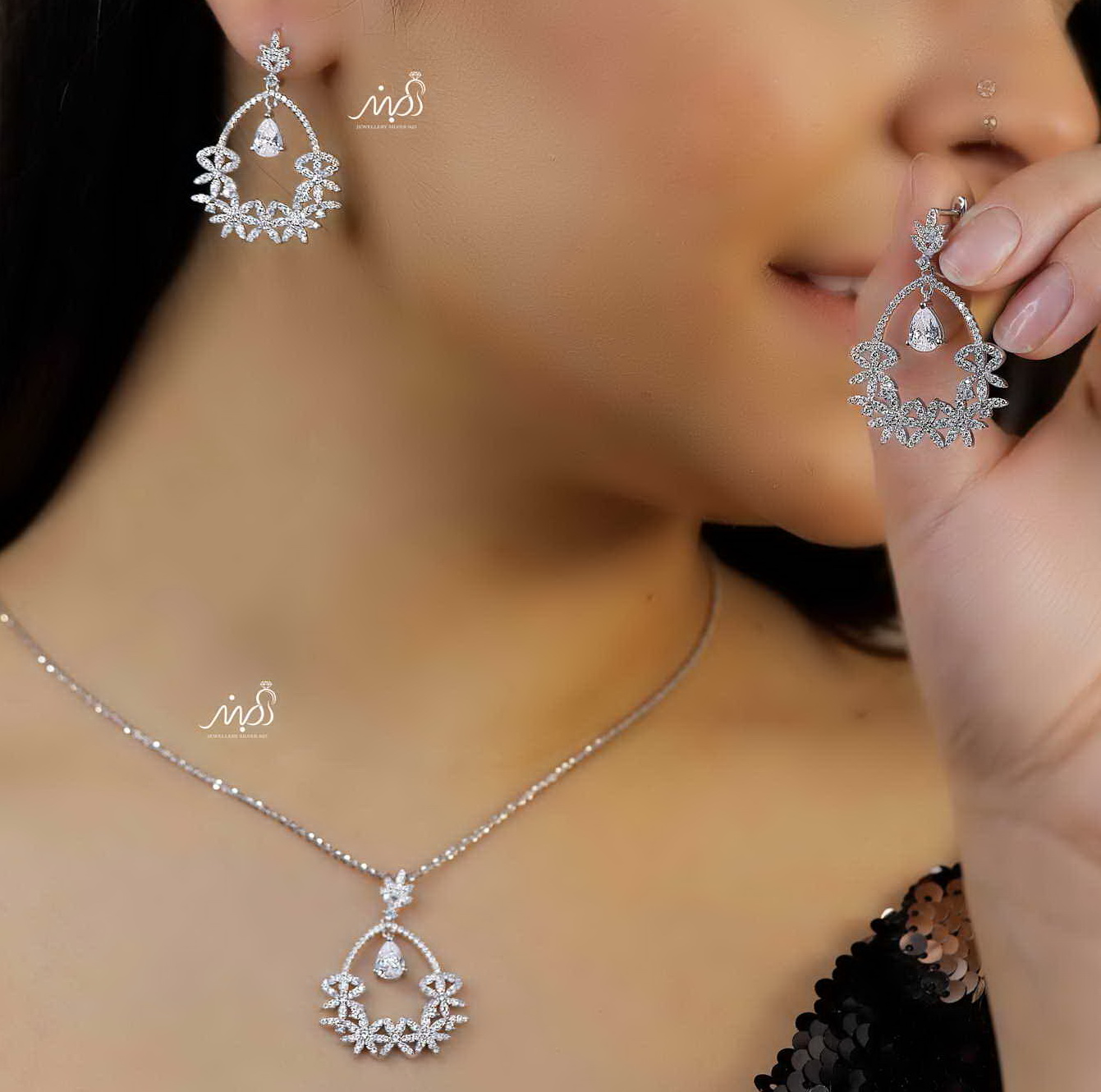 	💍نیم ست جواهری (آويز ، گوشواره )خاص و زیبا ، نقره عیار 925(N_4236)