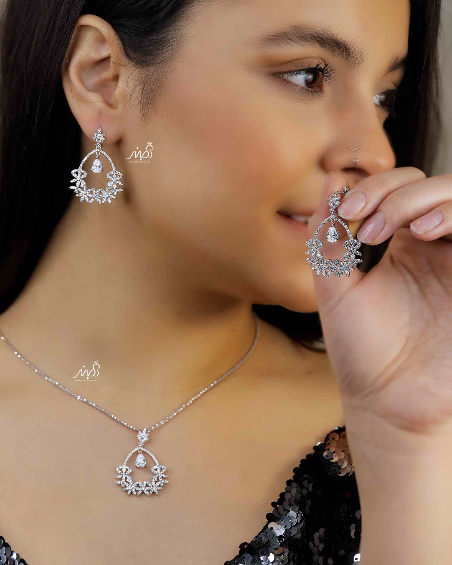 	💍نیم ست جواهری (آويز ، گوشواره )خاص و زیبا ، نقره عیار 925(N_4236)