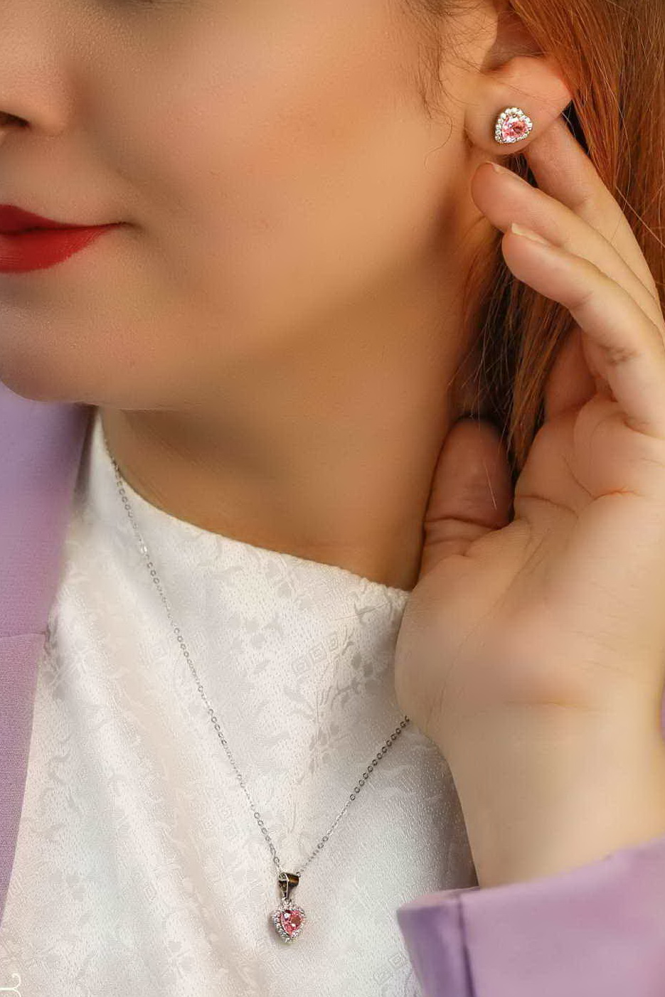 💍نیم ست ظریف قلب با رنجیر و نگین صورتی نقره عیار ۹۲۵ (N_4165)‌‌‌‌‌‌