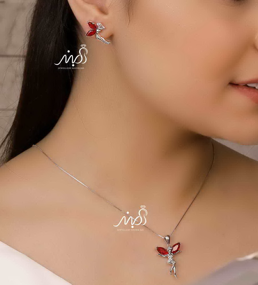💍نیم ست فرشته بالدار (آويز ، گوشواره )با نگین یاقوتی خاص و زیبا ، نقره عیار ۹۲۵(N_4239)