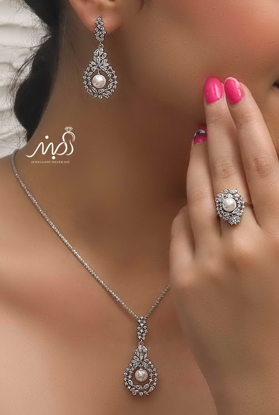💍نیم ست مرواريد دار (آويز ، گوشواره ) با انگشتر خاص و زیبا ، نقره عیار ۹۲۵(N_4306)