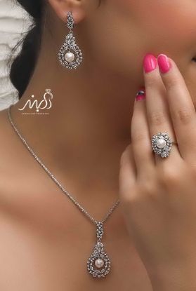 💍نیم ست مرواريد دار (آويز ، گوشواره ) با انگشتر خاص و زیبا ، نقره عیار ۹۲۵(N_4306)