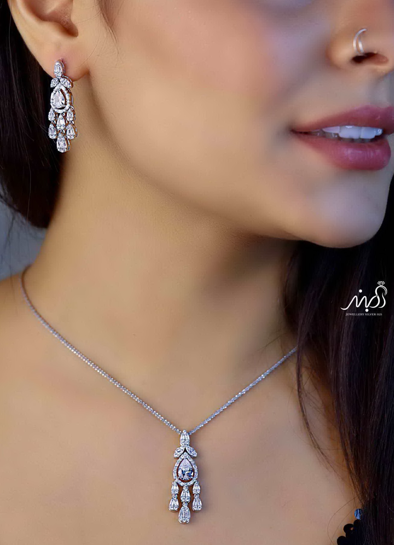 💍نیم ست جواهری لاکجري (آويز و گوشواره) خاص و زیبا ، نقره عیار 925( N_4347)