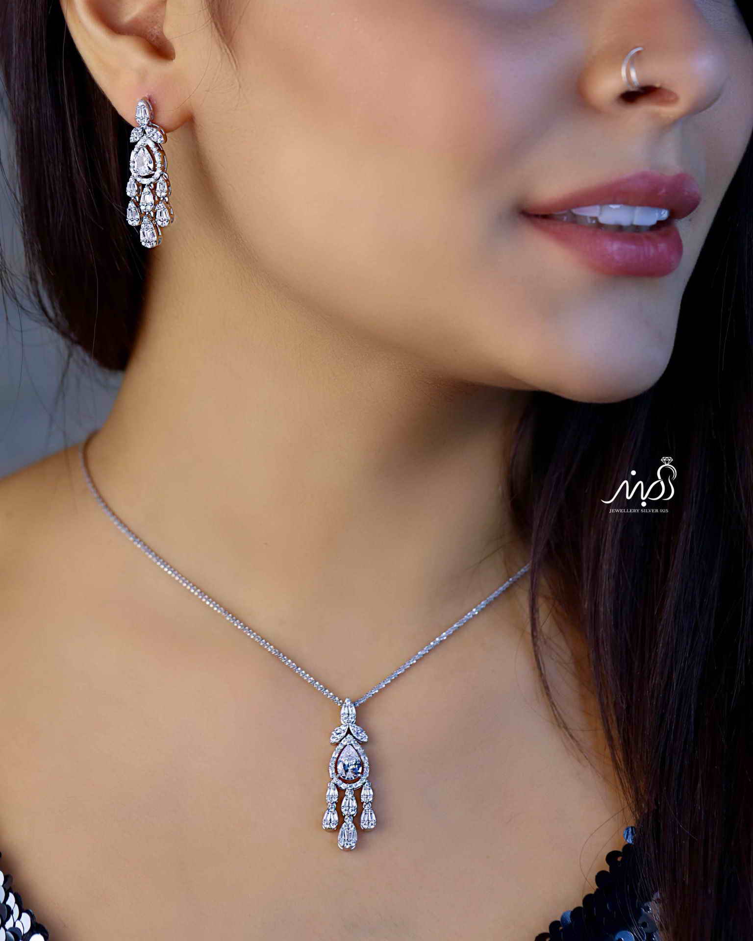 💍نیم ست جواهری لاکجري (آويز و گوشواره) خاص و زیبا ، نقره عیار 925( N_4347)