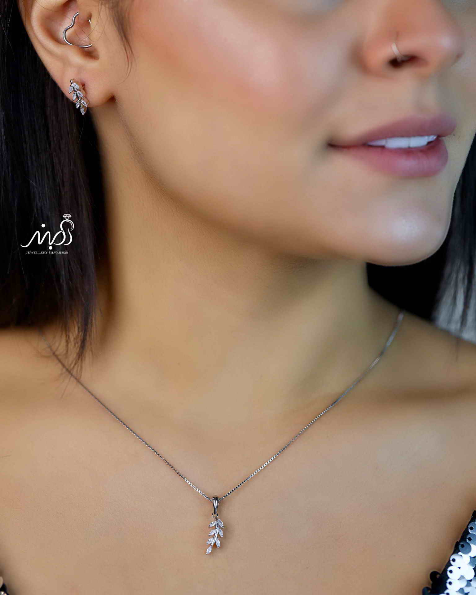 💍نیم ست جواهری برگ (آويز و گوشواره) خاص و زیبا ، نقره عیار ۹۲۵( N_4346)