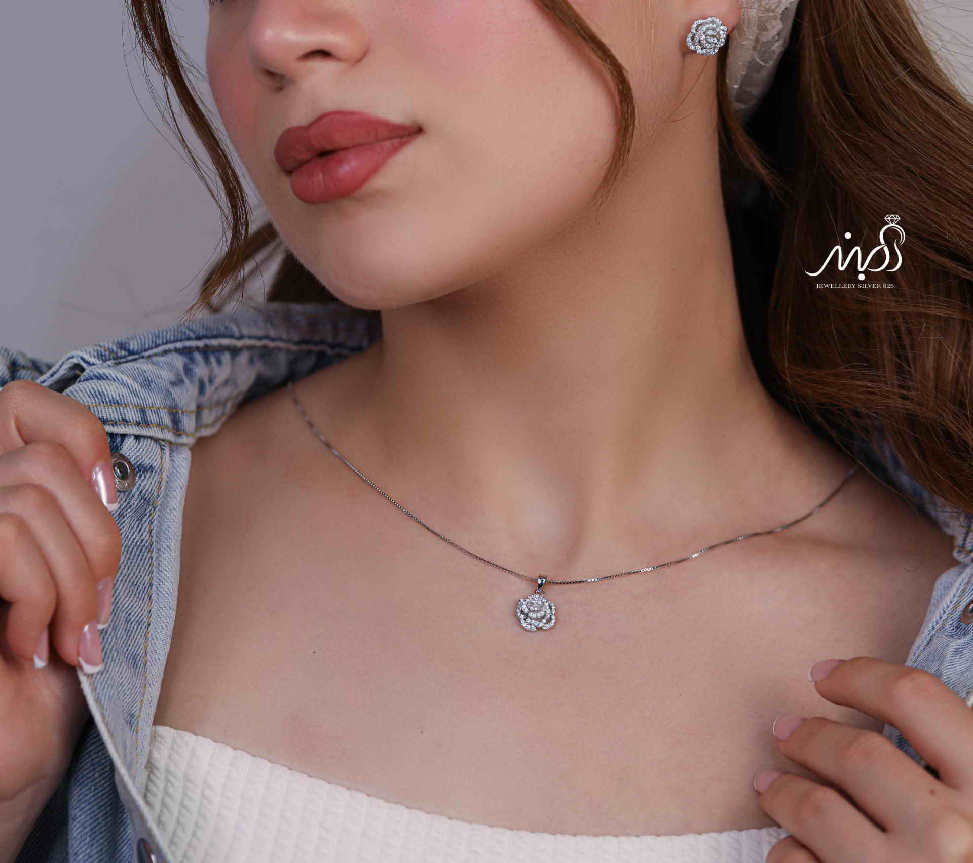 	💍نیم ست جواهری گل (آويز و گوشواره) خاص و زیبا ، نقره عیار ۹۲۵( N_4355)