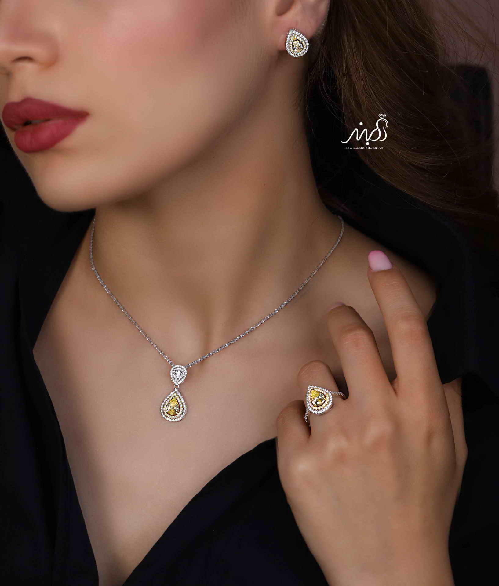 💍نیم ست جواهری اشکی با نگین سیترين خاص و زيبا نقره عیار ۹۲۵ (آويز ،گوشواره و انگشتر )(N_4403)‌‌‌‌‌‌ ‌
