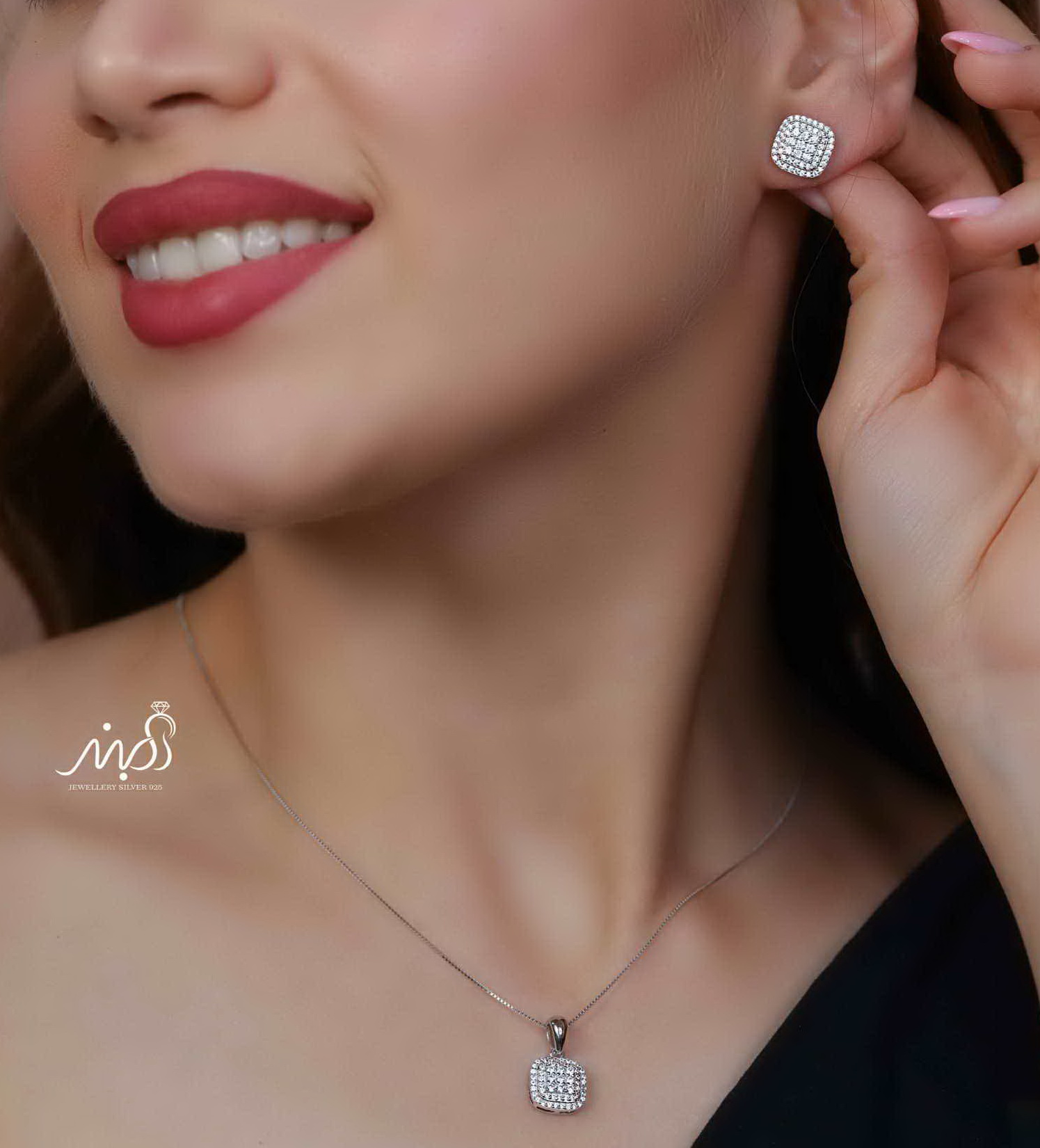 💍نیم ست جواهری مربعی (آويز و گوشواره ) خاص و زیبا ، نقره عیار ۹۲۵( N_4399)