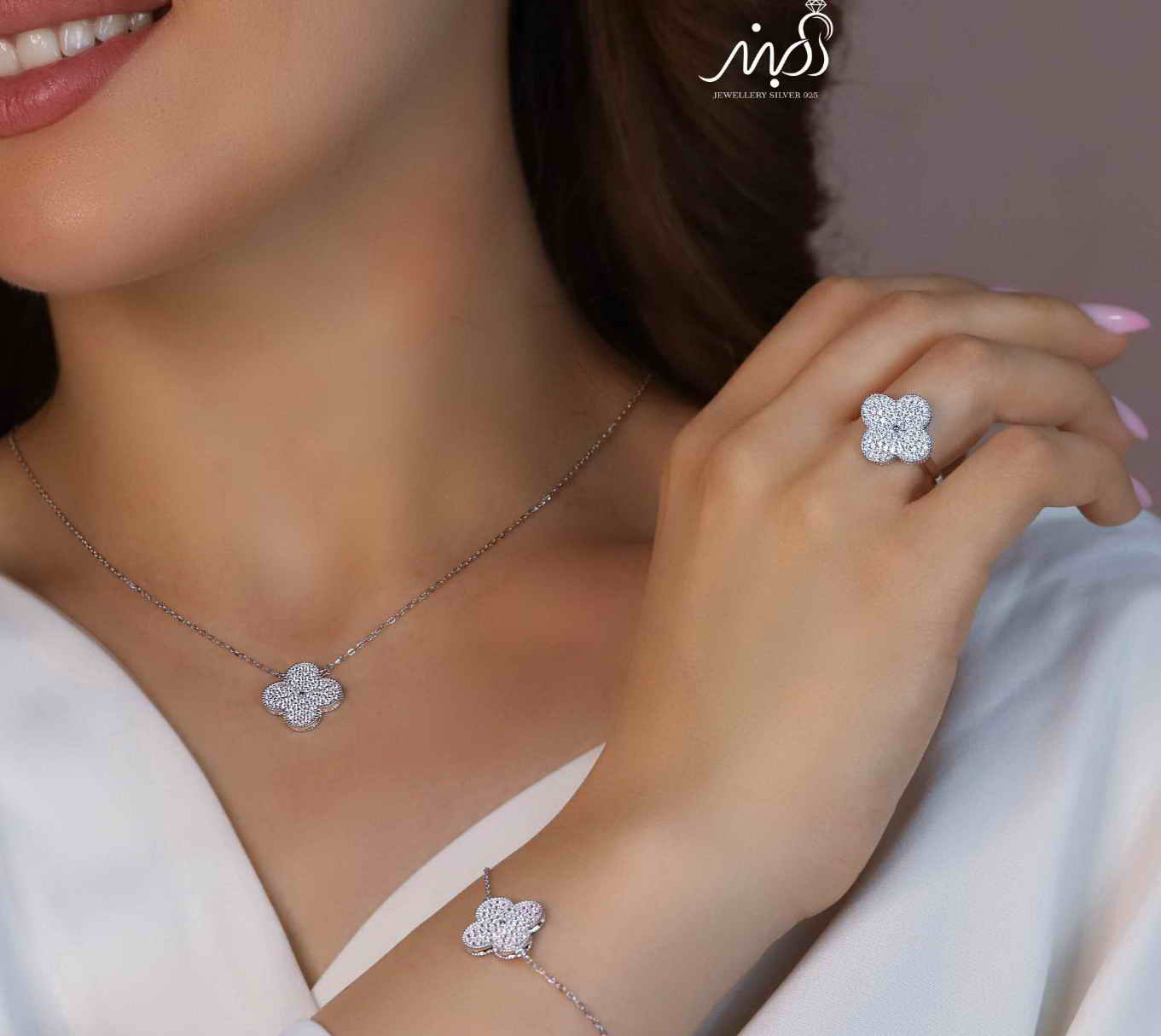 💍سرويس جواهری ونکلیف خاص و زيبا(گردنبند ، گوشواره ، دستبند و انگشتر) نقره عیار 925 (S_6047)‌‌‌‌‌‌ ‌
