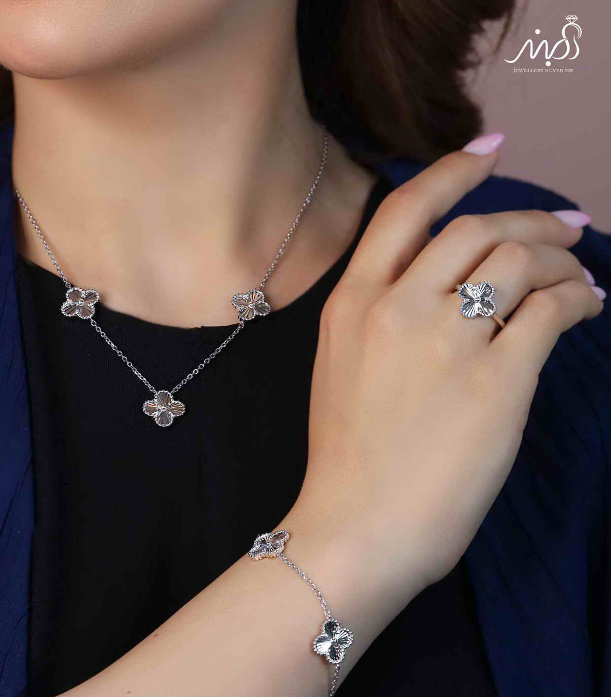 💍سرويس جواهری تراش ونکلیف خاص و زيبا(گردنبند ، گوشواره ، دستبند و انگشتر) نقره عیار 925 (S_6046)‌‌‌‌‌‌ ‌