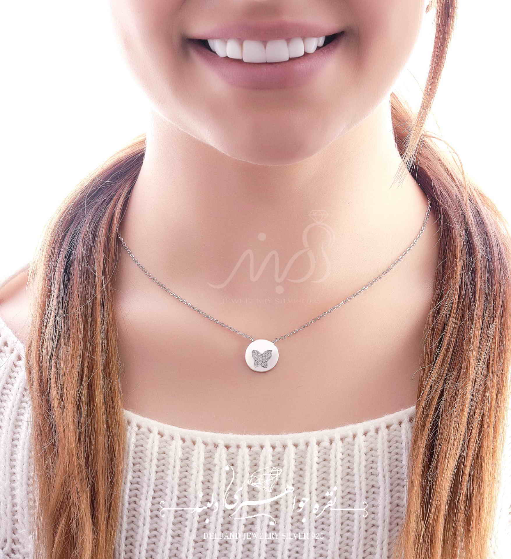 	💍گردنبند طرح جواهر صدف و پروانه ؛ با طراحی زیبا و ظریف نقره عیار ۹۲۵ (G_3043)