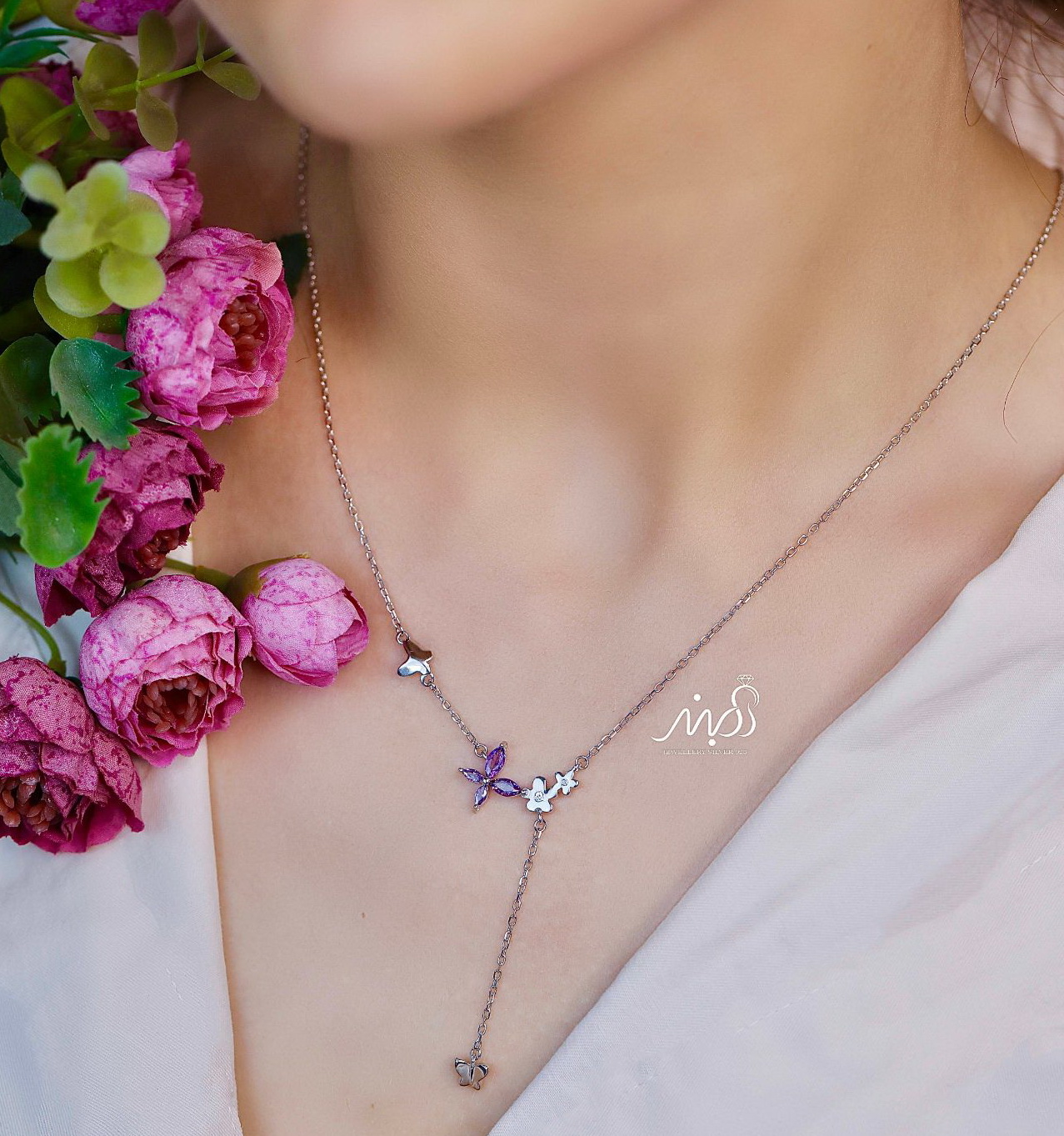 💍گردنبند جواهری گل و پروانه با نگین بنفش ، خاص و زیبا ، نقره عیار ۹۲۵ (G_3266)‌‌‌‌‌‌