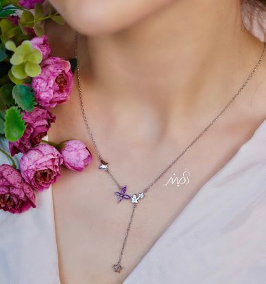 💍گردنبند جواهری گل و پروانه با نگین بنفش ، خاص و زیبا ، نقره عیار ۹۲۵ (G_3266)‌‌‌‌‌‌