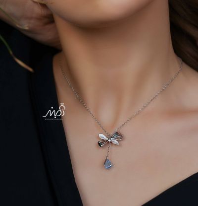 💍گردنبند جواهری پاپیونی آویز دار با نگین سوارسکی آبی ، خاص و زیبا ، نقره عیار ۹۲۵ (G_3271)‌‌‌‌‌‌