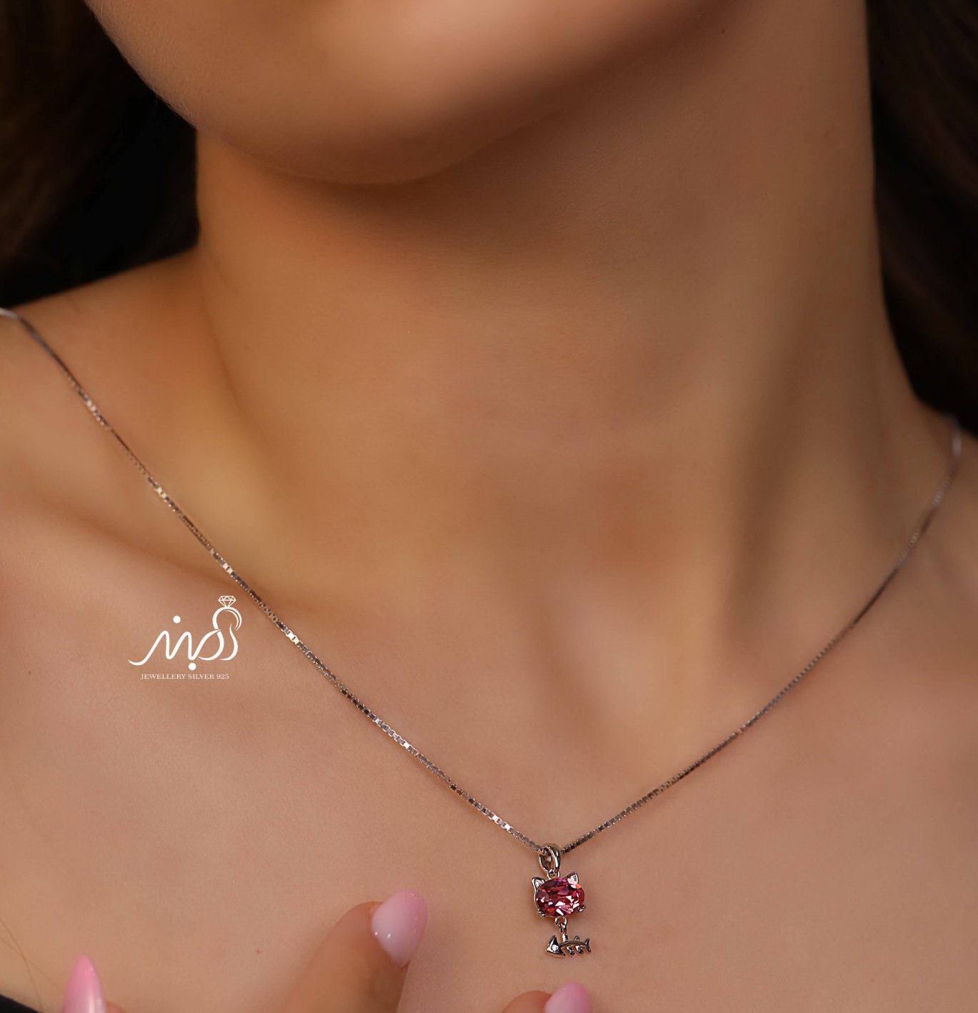 💍گردنبند جواهری گربه با نگین صورتی ، خاص و زیبا ، نقره عیار ۹۲۵ (G_3270)‌‌‌‌‌‌