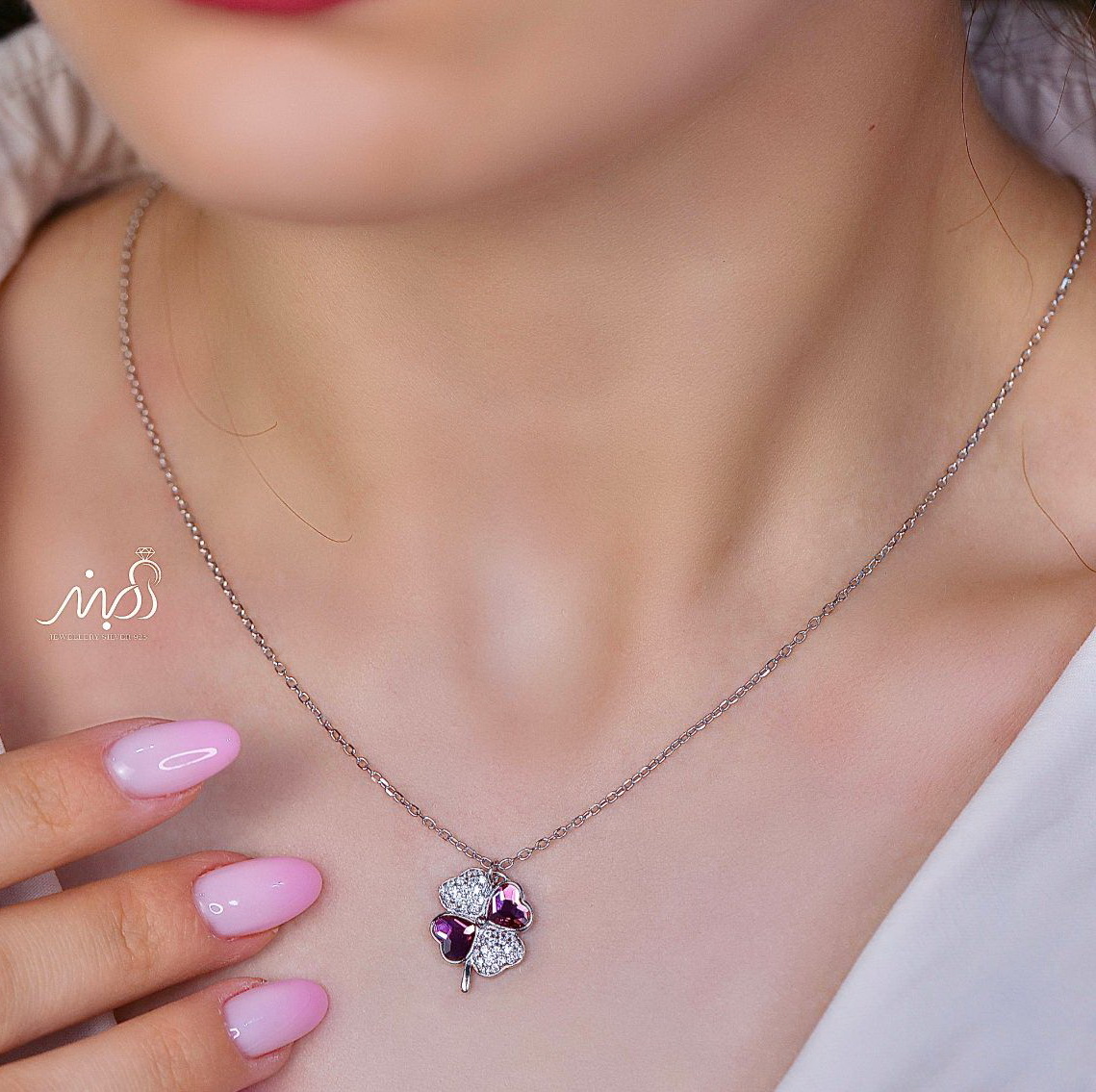 💍گردنبند جواهری گل با نگين صورتي خاص و زیبا ، نقره عیار ۹۲۵ (G_3280)‌‌‌‌‌‌