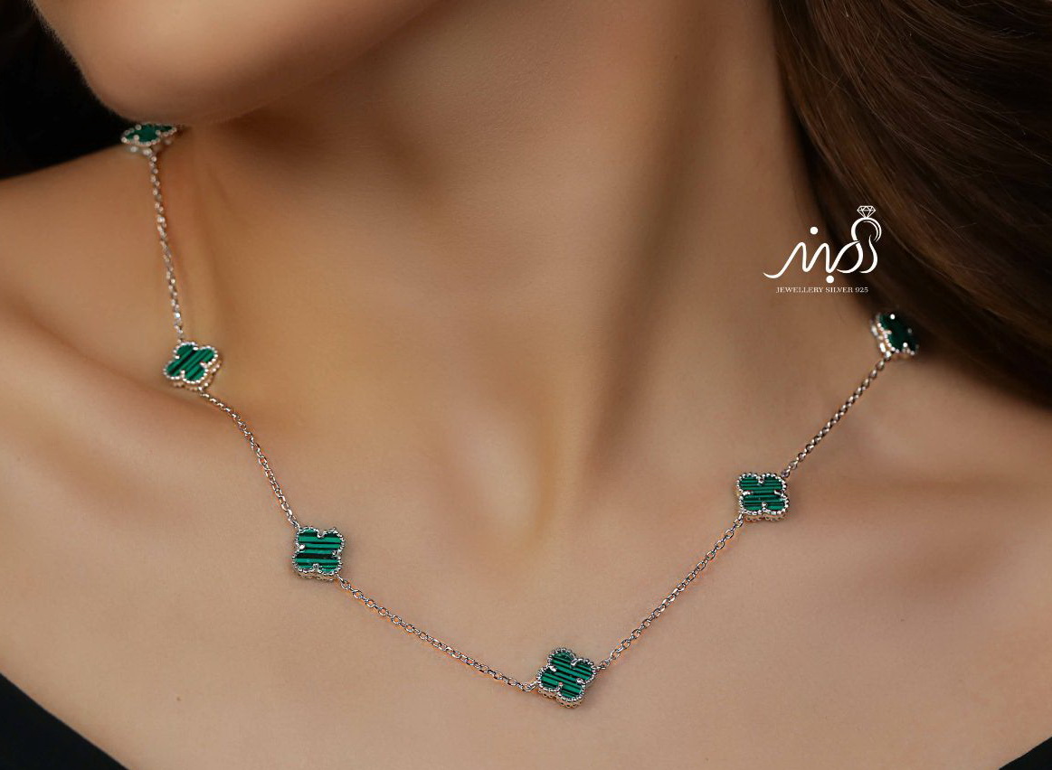 💍گردنبند جواهری ونکلیف سبز خاص و زیبا ، نقره عیار ۹۲۵ (G_3285)‌‌‌‌‌‌
