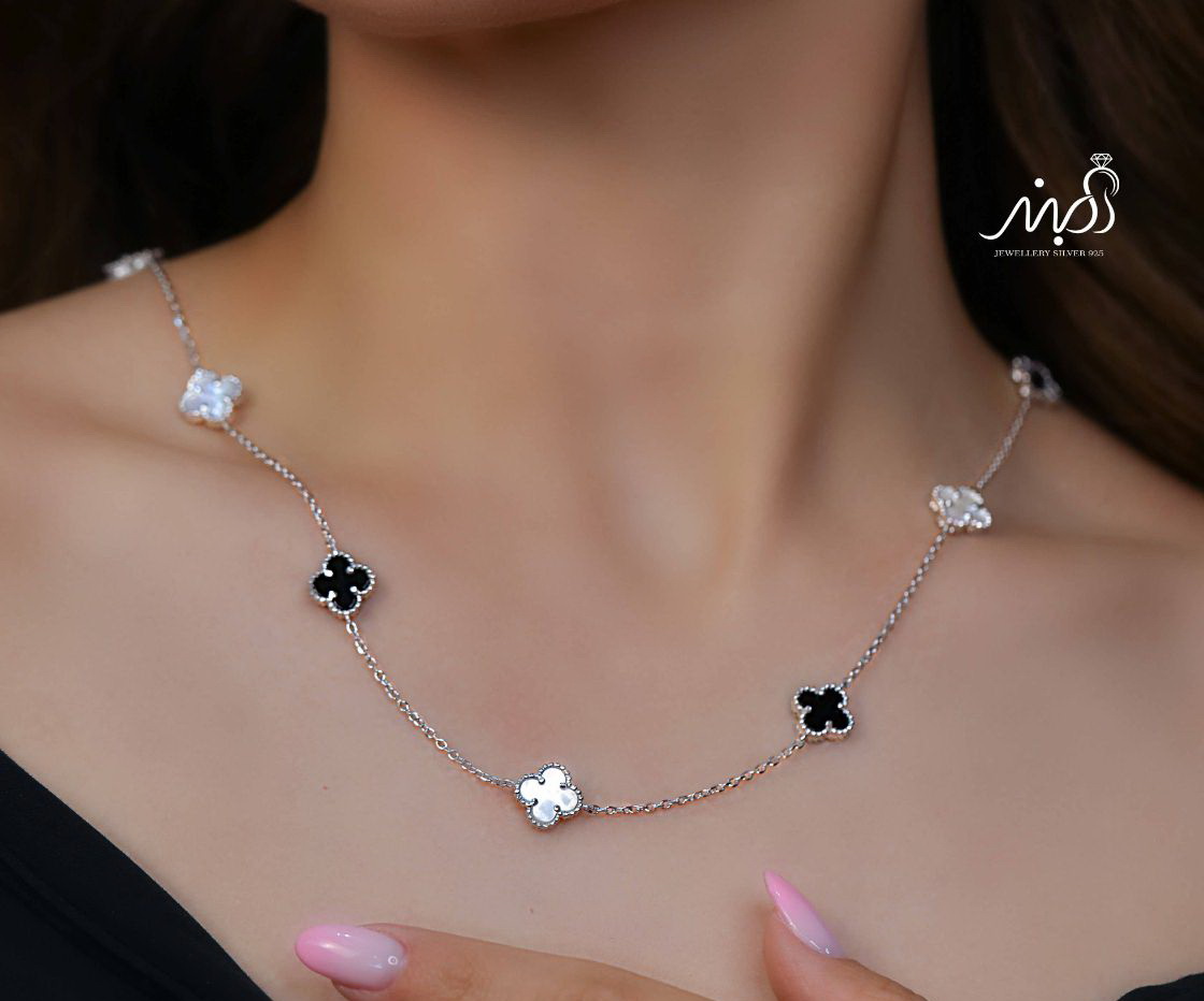 💍گردنبند جواهری ونکلیف سفید و مشکی خاص و زیبا ، نقره عیار ۹۲۵ (G_3284)‌‌‌‌‌‌