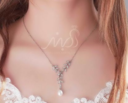 💍گردنبند جواهری طرح برگ و مروارید ؛ زیبا و خاص ؛ نقره عیار ۹۲۵ با روکش طلا سفید‌‌