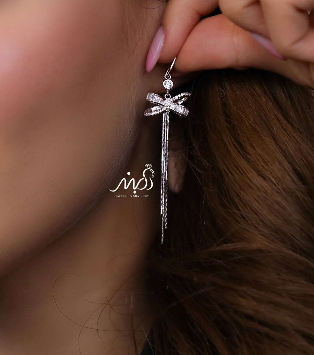 💍گوشواره جواهری آويزی پاپیوني ؛ با طراحي زيبا نقره عیار ۹۲۵ (E_5048)