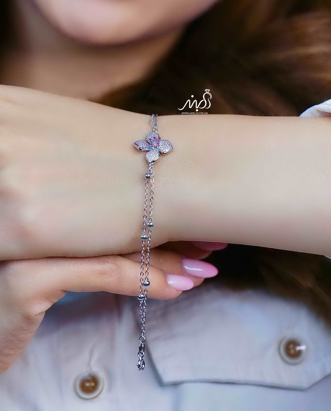 💍دستبند جواهری اسپرت گل صورتی خاص و زیبا ، نقره عیار 925 (D_7170)