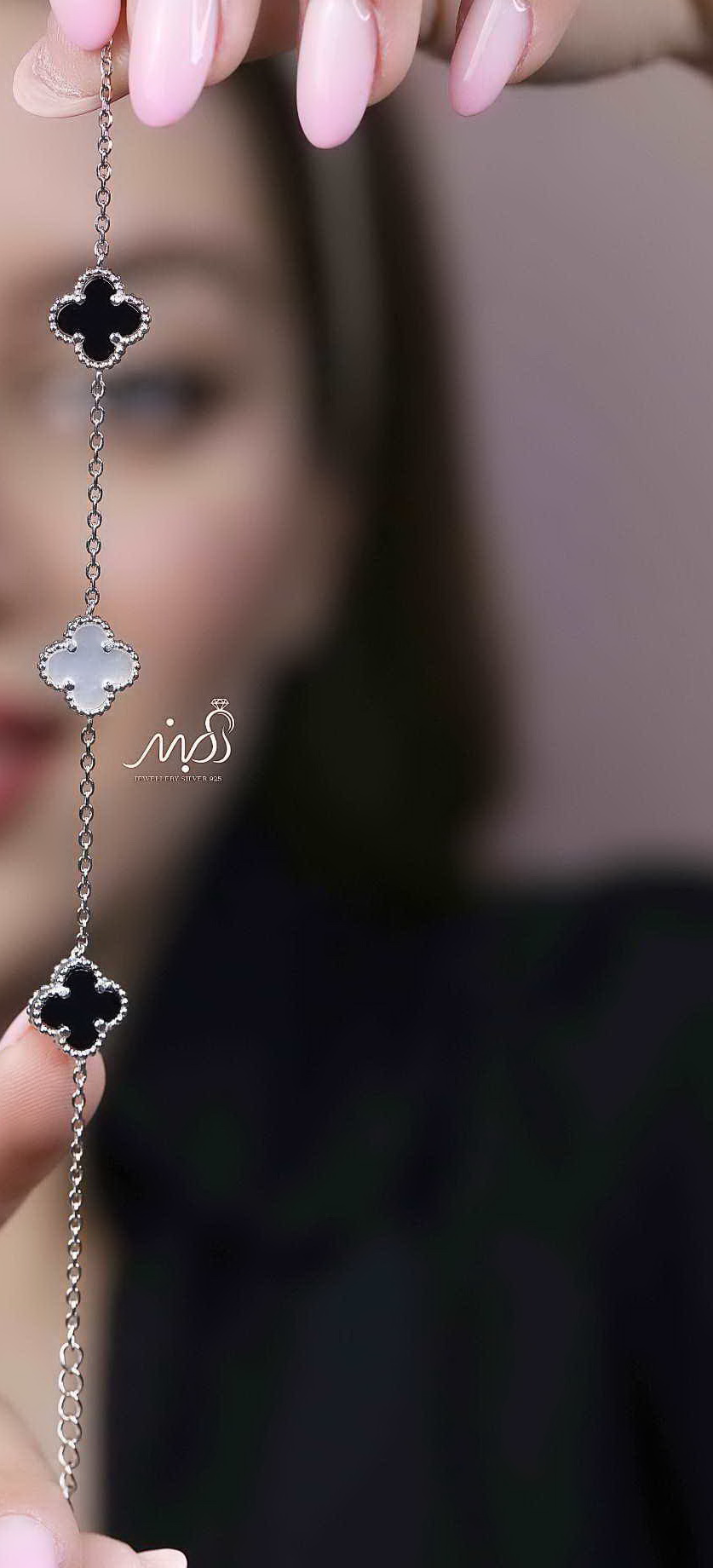 💍دستبند جواهري ونکلیف صدفی و مشکی خاص و زیبا ، نقره عیار 925 (D_7204)
