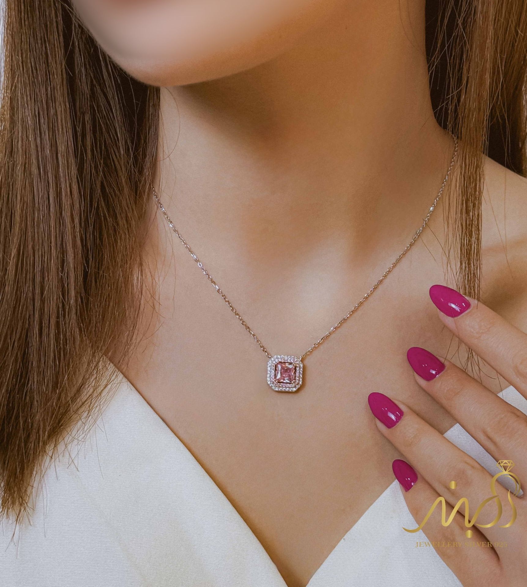 💍گردنبند جواهری مربعی با نگين صورتی خاص و زیبا ، نقره عیار ۹۲۵ (G_3293)‌‌‌‌‌‌	