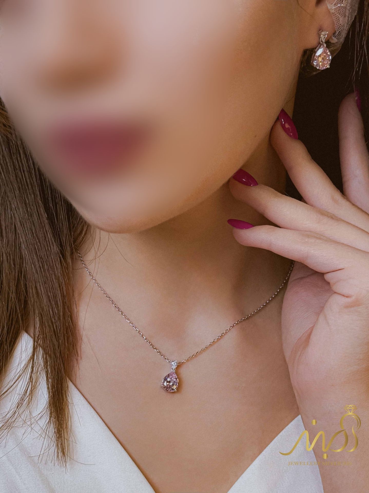💍نیم ست جواهری با نگین اشکی صورتی خاص و زیبا ، نقره عیار ۹۲۵( N_4331)	