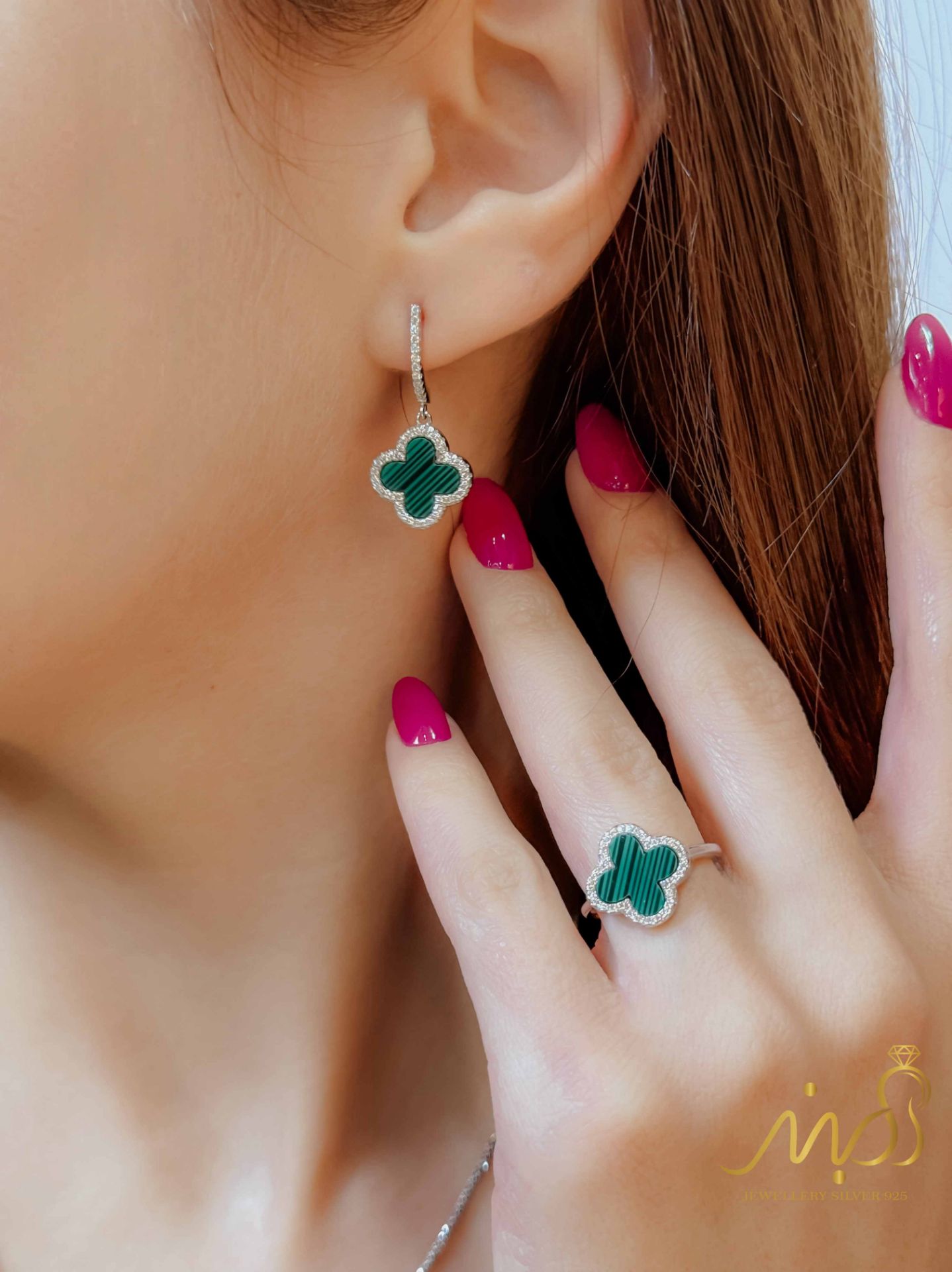 💍نیم ست ونکلیف سبز (آويز و گوشواره و انگشتر) خاص و زیبا ، نقره عیار ۹۲۵( N_4416)	