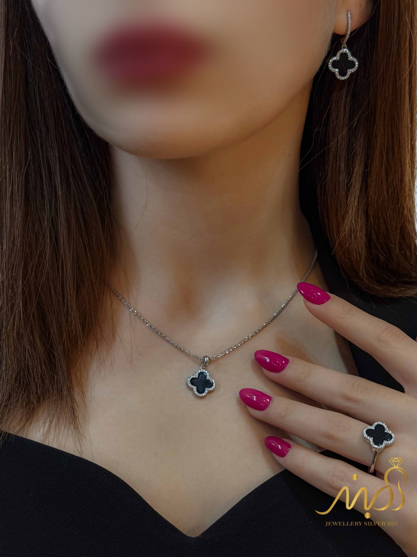 💍نیم ست ونکلیف مشکی(آويز و گوشواره و انگشتر) خاص و زیبا ، نقره عیار ۹۲۵( N_4417)	