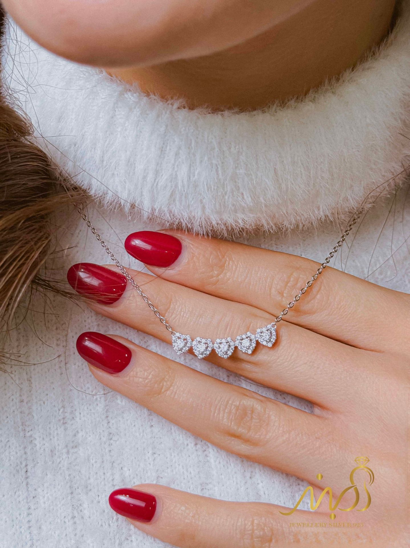💍گردنبند جواهری 5 قلب ،  نقره عیار ۹۲۵ (G_3308)